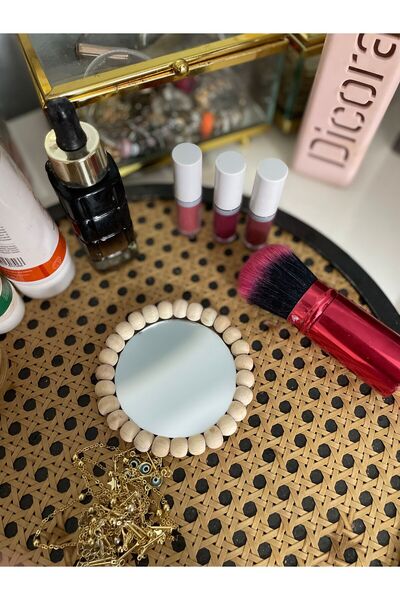 BOHEM Çanta Boyu Ahşap Boncuklu Makyaj Aynası
