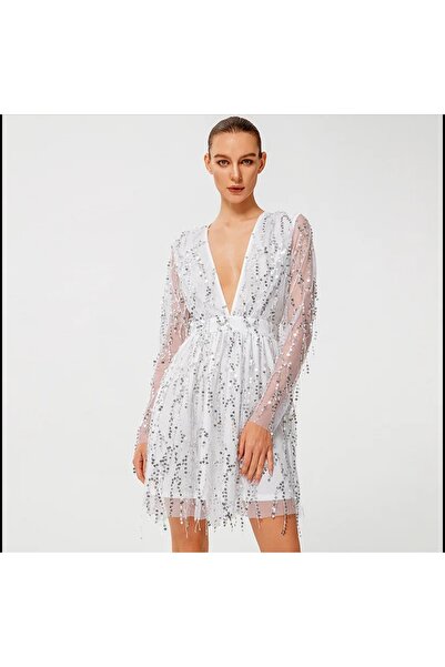 elissaa UZUN KOLLU V YAKA SAÇAKLI PULLU MİNİ ELBİSE