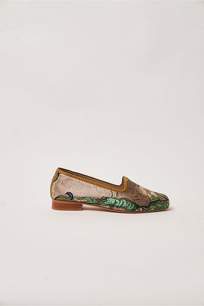 Nomads Felt Beige Van Gogh Almond Tree Patterned 100% Silk Genuine Leather Women's Ballerinas
