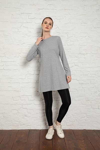 MyBen Women's Gray Colored Long Sleeve Crew Neck Combed Cotton Tunic Slm33