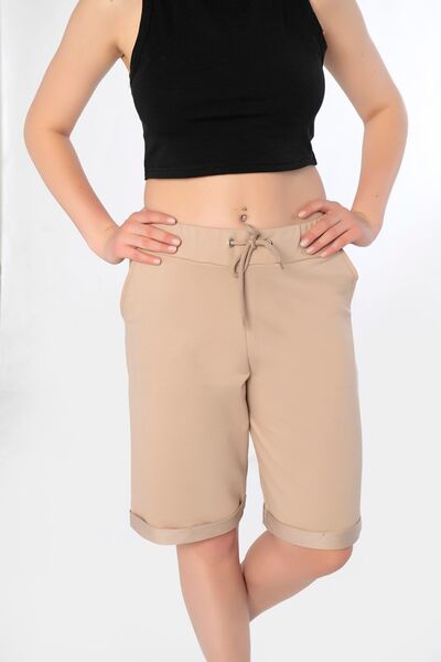 MyBen Kadın Taş Rengi Regular Kıvırma Paça Çepli Beli Bağcıklı Bermuda Şort Ky014