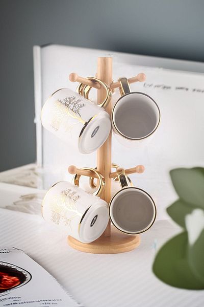 Vadi Autumn Gold Patterned - Life Tree 6-Piece Mug Set with Bamboo Stand