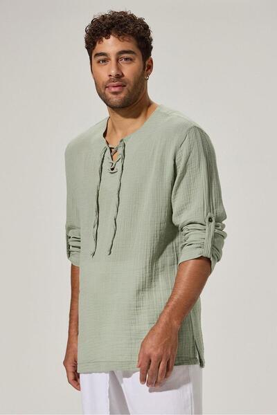 White By Nature Long Sleeve Studded Sile Cloth Green Men's T-Shirt