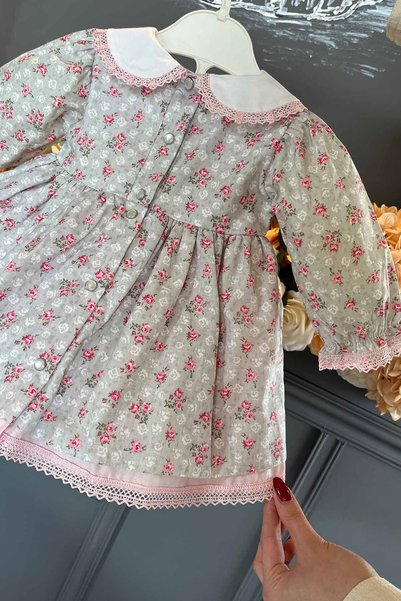 Bertuğ Bebek Baby Collar Lace Detailed Floral Patterned Gray Baby Girl Dress