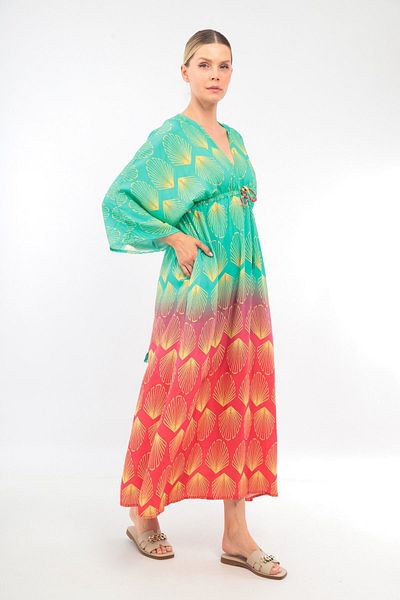 soBasic Rochie verde cu decolteu în V, cu decolteu în V, cu mâneci căzute, cu imprimeu -2