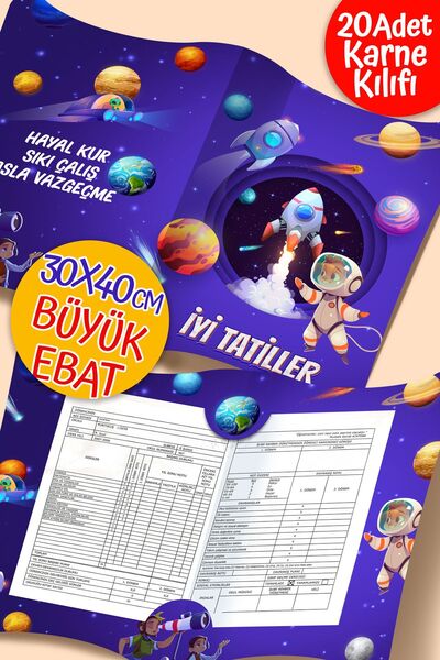 colortouch Uzay Temalı A4 Karne Kabı Kılıfı, 20 Adet Büyük Ebat 30x40 cm İlkokul Karne Kılıfı Karne Süsleme