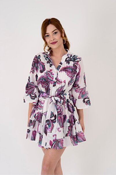 Park Moda AN10666 ŞAL DESEN KEMER DETAYLI KISA ELBİSE