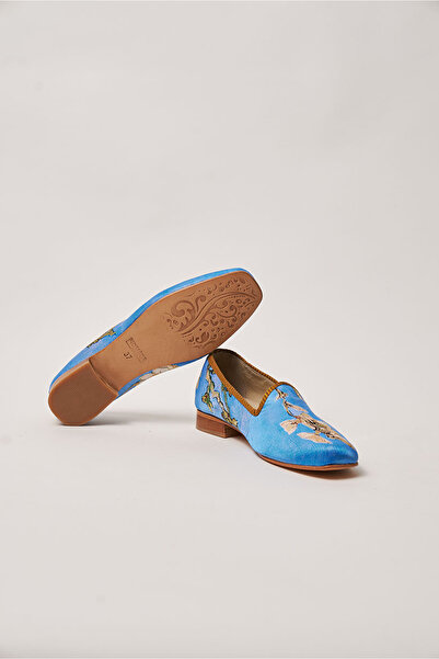 Nomads Felt Blue Van Gogh Almond Tree Patterned Genuine Leather 100% Silk Ballerinas