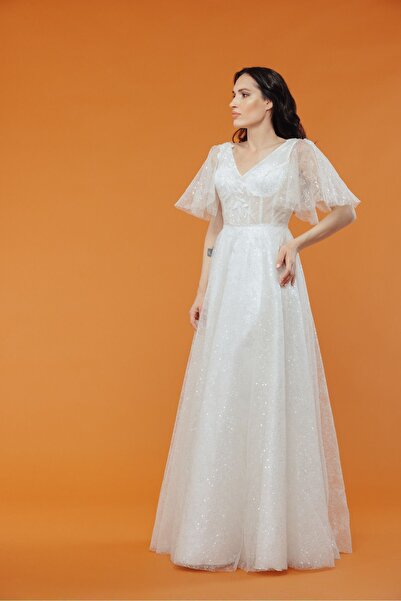 bride in love V yaka Akesim kloş kollu gelinlik nikah elbisesi