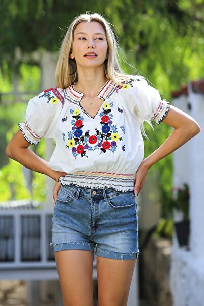 Chiccy Κεντημένος γιακάς και μανίκι - Μπλούζα με υφαντή ελαστική μέση