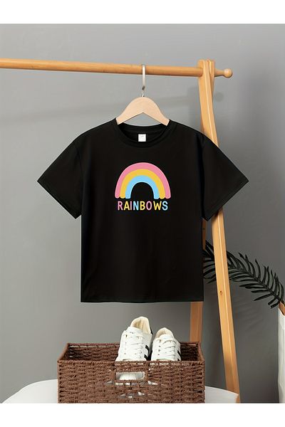 Let's Wear Тениска с къс ръкав с шарка на дъгата за момичета, ежедневна тениска с кръгло деколте