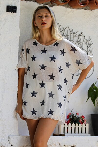 Chiccy Star Printed Cream Boat Neck Casual Μπλούζα - Παγιέτες μανίκια και φούστα
