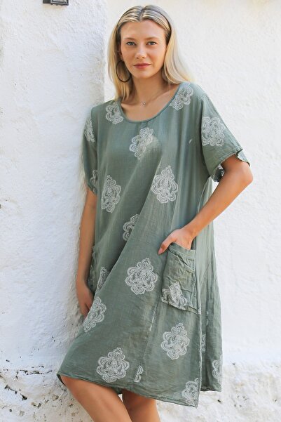 Chiccy Kaki Boat Neck - Rochie casual în amestec de in, cu buzunare