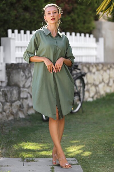 Chiccy KHaki Color Embroidered Cotton Woven - Shirt Collar LonG Sleeve Casual Dress