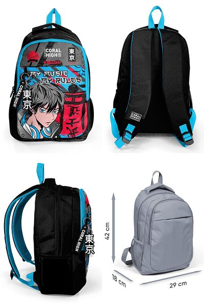 Coral High Geantă de școală din 4 piese cu model anime pentru băieți, negru și albastru - pentru școala primară și gimnazială