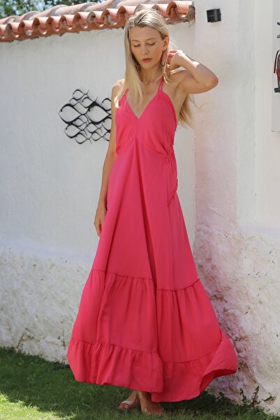 Chiccy Dark Pink V-neck RuFFled Skirt Strap Casual Dress