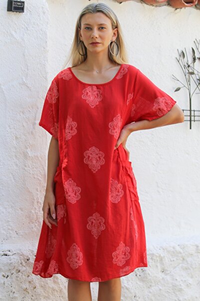 Chiccy Red Italian - Allover Printed Linen Blended Casual Dress with Boat Neck and Pockets