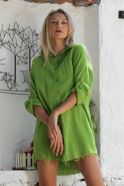 Chiccy Cămașă casual din bumbac verde fistic - guler cămașă, nasturi, mâneci lungi, buzunare și spălate