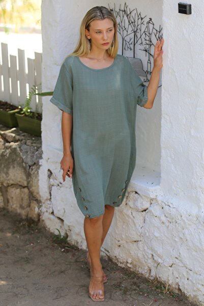 Chiccy İtalyan Haki Kayık Yaka Kısa Kol Düğmeli Pamuklu Dokuma Casual Elbise