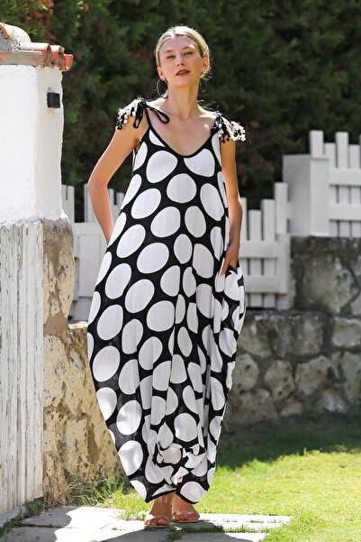 Chiccy V-neck White-black Oversize Jumpsuit with Pompom Straps - Casual Shalwar Leg