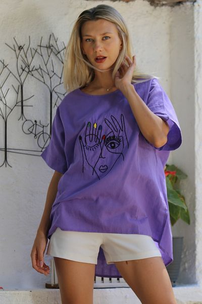 Chiccy Ανοιχτό μωβ Κεντημένο κοντομάνικο casual βαμβακερή μπλούζα - γιακάς πισίνας