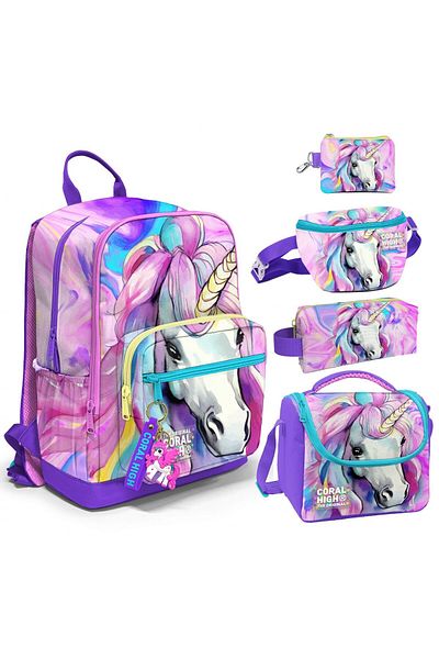 Coral High Set de cinci genți pentru școală primară/liceu - Unicorn - Fată