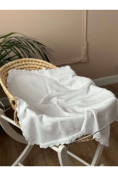 Florijee Hand Knitted Baby Blanket White Color