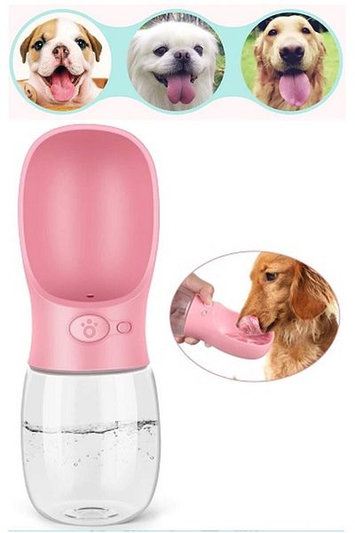 İndirimKap PinK PorTable Cat Dog Waterer - 350ml Travel Water Bottle with Bowl Safety