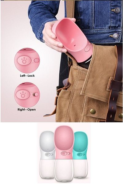 İndirimKap PinK PorTable Cat Dog Waterer - 350ml Travel Water Bottle with Bowl Safety