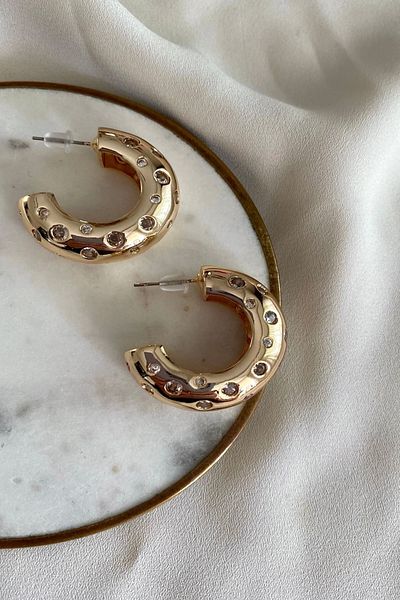 gaila design Chubby Half Hoop Earrings with Stone Detail Gold Color
