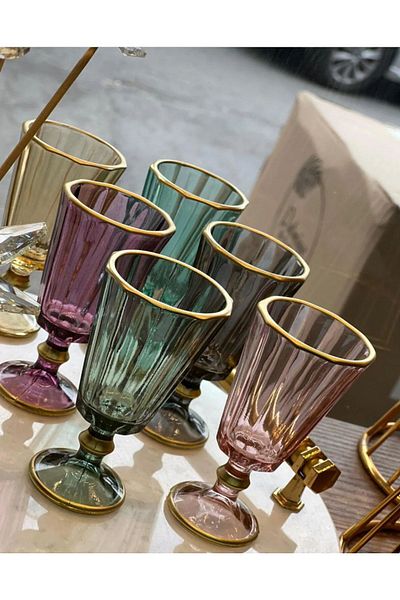 Melance Set of 6 Gilded Colored Flute Glasses Coffee Side Water Glasses