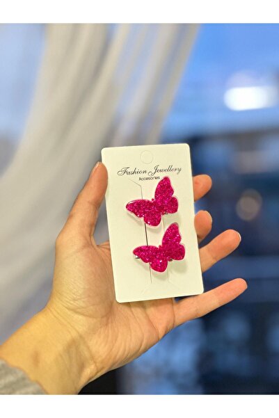 schkırt Kelebek Motifli Epoksi Pembe Renk Gümüş Simli Çoçuk Pens Toka Hediyel...