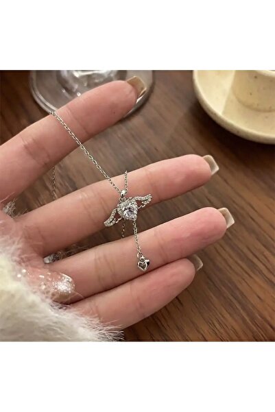 DMR Accessoire 316L Çelik Gold Renk Kanatlı Kalp Model Zirkon Taş Detay Kadın Kolye