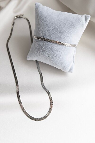 Karflake Sılver İtalyan Model Zincir Zarif Çelik Kadın Kolye ve Çelik Bileklik Set