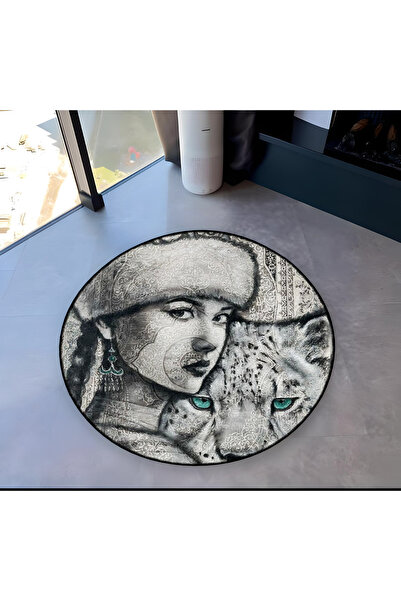 Rugs Modern Halı Round Black Beige Woman Face and Blue Eyes Tiger Detailed Wo...