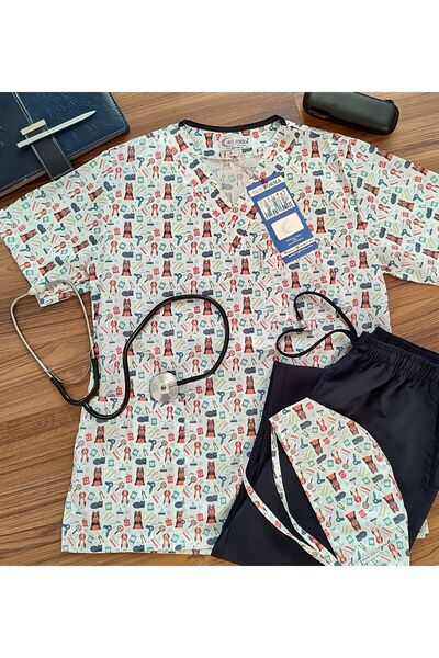 IG Veteriner Pet Kuaförü Takma Kol V yaka Uniseks Doktor Hemşire Takımı
