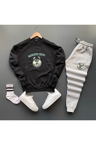 NewCabin Unisex Milwaukee Bucks Printed Crew Neck Sweatshirt-sweatpants Set of 2