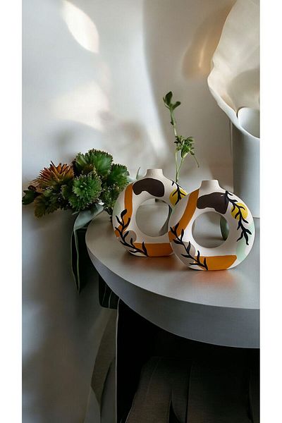 Porselian Handmade Orange Color Patterned Decorative Modern 2-Piece Ring Bohemian Vase