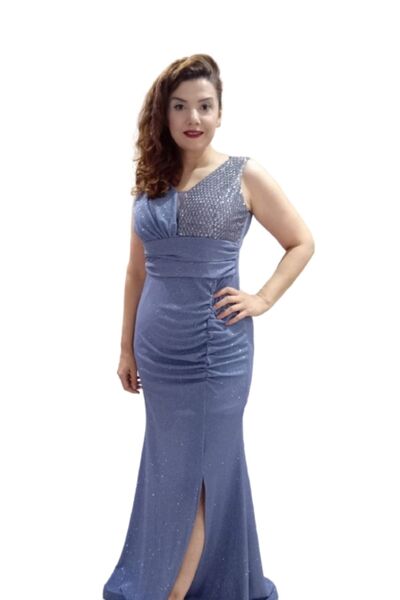 ZY BUTİK Indigo Plus Size - Glittered Sleeveless Evening Dress with Sequin De...