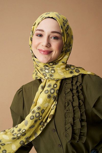 Modakaşmir Olive Patterned Drop Flower Bamboo Shawl