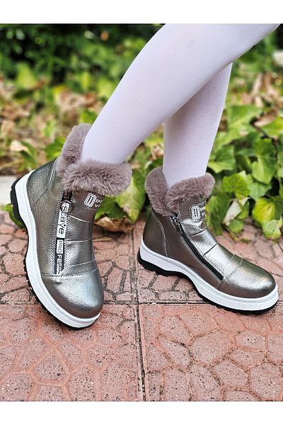 EPTC - Children's Furry Dark Gray Platinum Boots with Double Side Zippers Non-Slip White Thick Sole Wide Fit