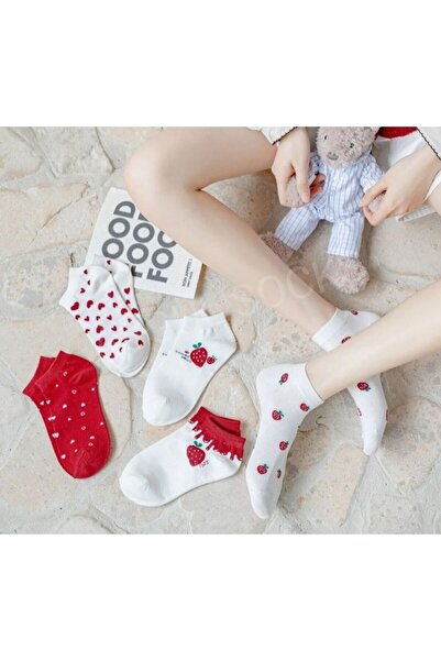 ASGÜL SOCKS Set de 4 perechi de șosete papuci de damă cu model căpșuni