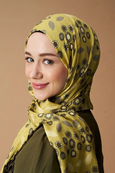 Modakaşmir Olive Patterned Drop Flower Bamboo Shawl