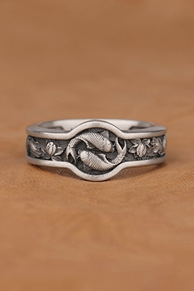 Savis Silver Koi Balığı Ve Lotus Çiçekleri Motifli 925 Ayar Gümüş Yüzük
