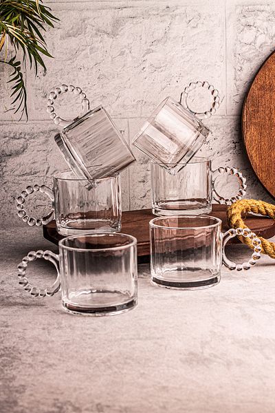 Snippy كوب جرو - 6 قطع كوب زجاجي سعة 300 مل مع مقبض خرز وكوب للمشروبات الغازية