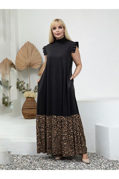 LİKRA Rochie de marime mare din crepon dublu elastic - cu mâneci cu guler și detaliu pliat