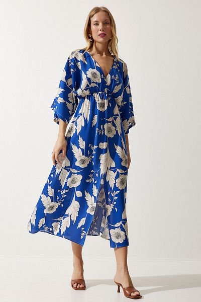 Lovelyİstanbul Rochie de vară din viscoză crem albastră - guler înfășurat, cu model Ldk0003
