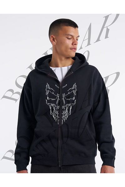 Boi Μαύρος σκελετός Skull Head Printed Oversize Unisex Φούτερ με κουκούλα με φερμουάρ Γυναικεία ζακέτα