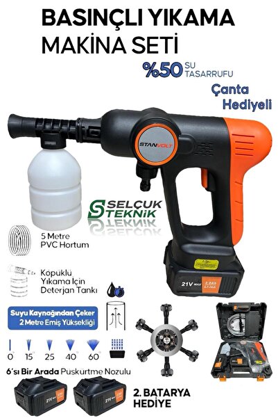STANVOLT Yüksek Basınçlı Oto Araba Bahçe Yıkama Ve Temizleme Makinesi Çift Akü Şarjlı