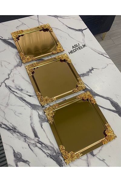 Aslı Hediyelik Gold Flower Patterned 3-piece Luxury Presentation Tray - 4 Corners, Square Coating, Tea, Coffee, Treat Serving, 21x21
